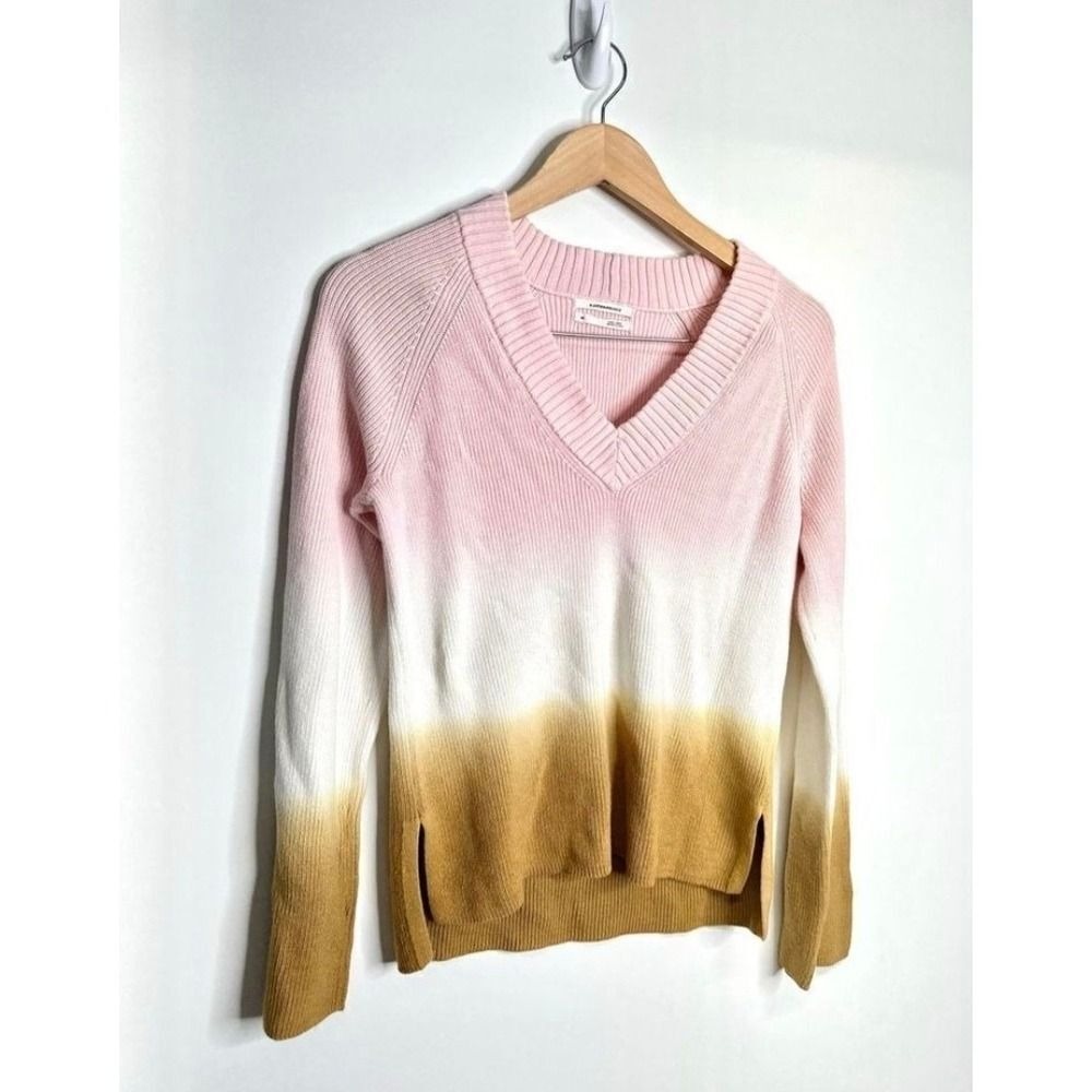 Anthropologie Pink White Yellow Ombre V-Neck Ribbed Knit Sweater Size XS - Picture 6 of 8